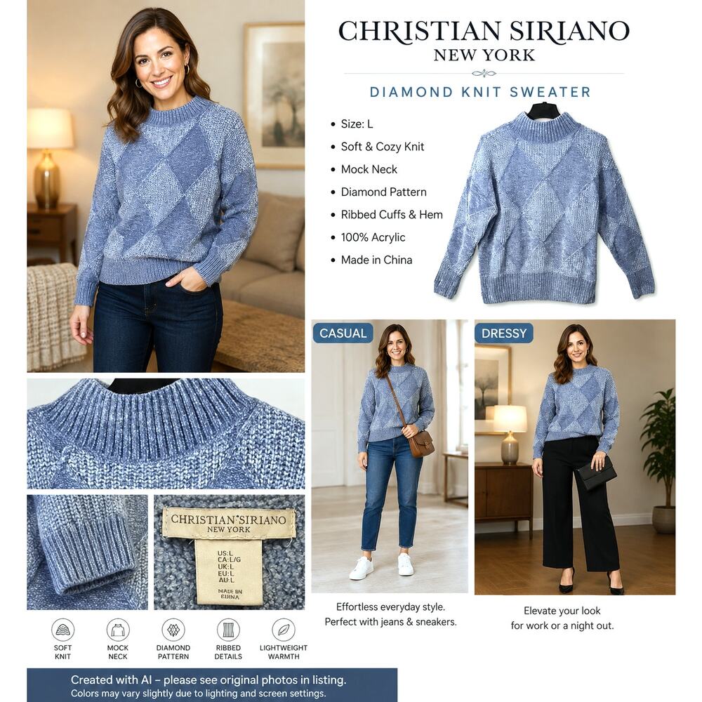 Christian Siriano Sweater Womens Size L Blue Pullover Mock Neck Soft Cozy Casual - Picture 4 of 12